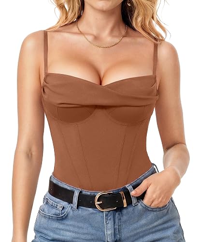 Popilush Corset Bodysuit for Women Tummy Control Shapewear Bodysuits Cowl Neck Going Out Tops Concert Outfits - Brown - Medium