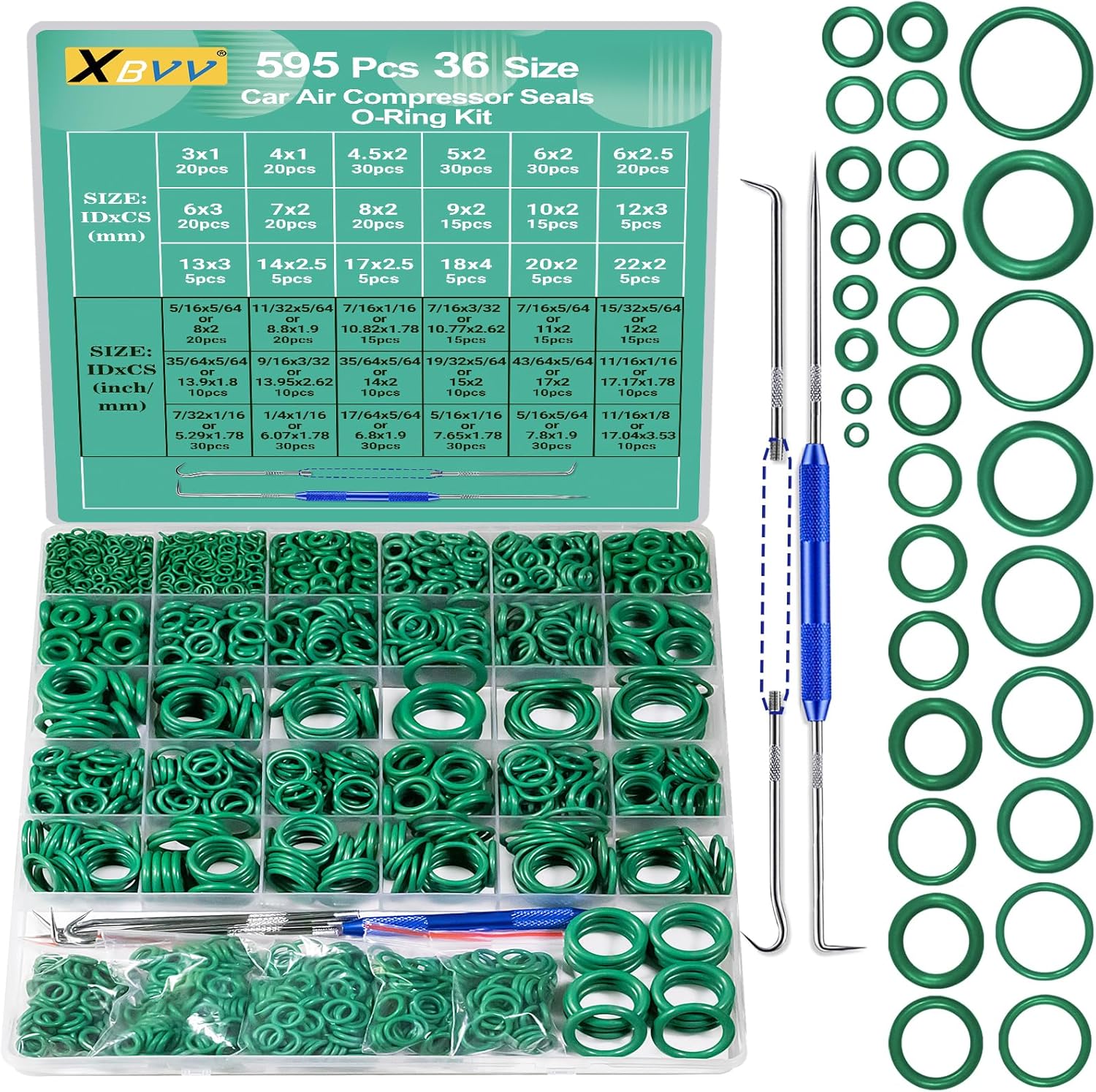 595 Pcs Metric and SAE Air Conditioning O-Ring Kit for Automotive A/C, Compressor and Professional Faucet Plumbing Seal O Rings Repair with O-Ring Picks,Resist Oil and Heat (Green) 595 Pcs Metric and SAE Air Conditioning O-Ring Kit for Automotive A/C, Compressor and Professional Faucet Plumbing Seal O Rings Repair with O-Ring Picks,Resist Oil and Heat (Green)