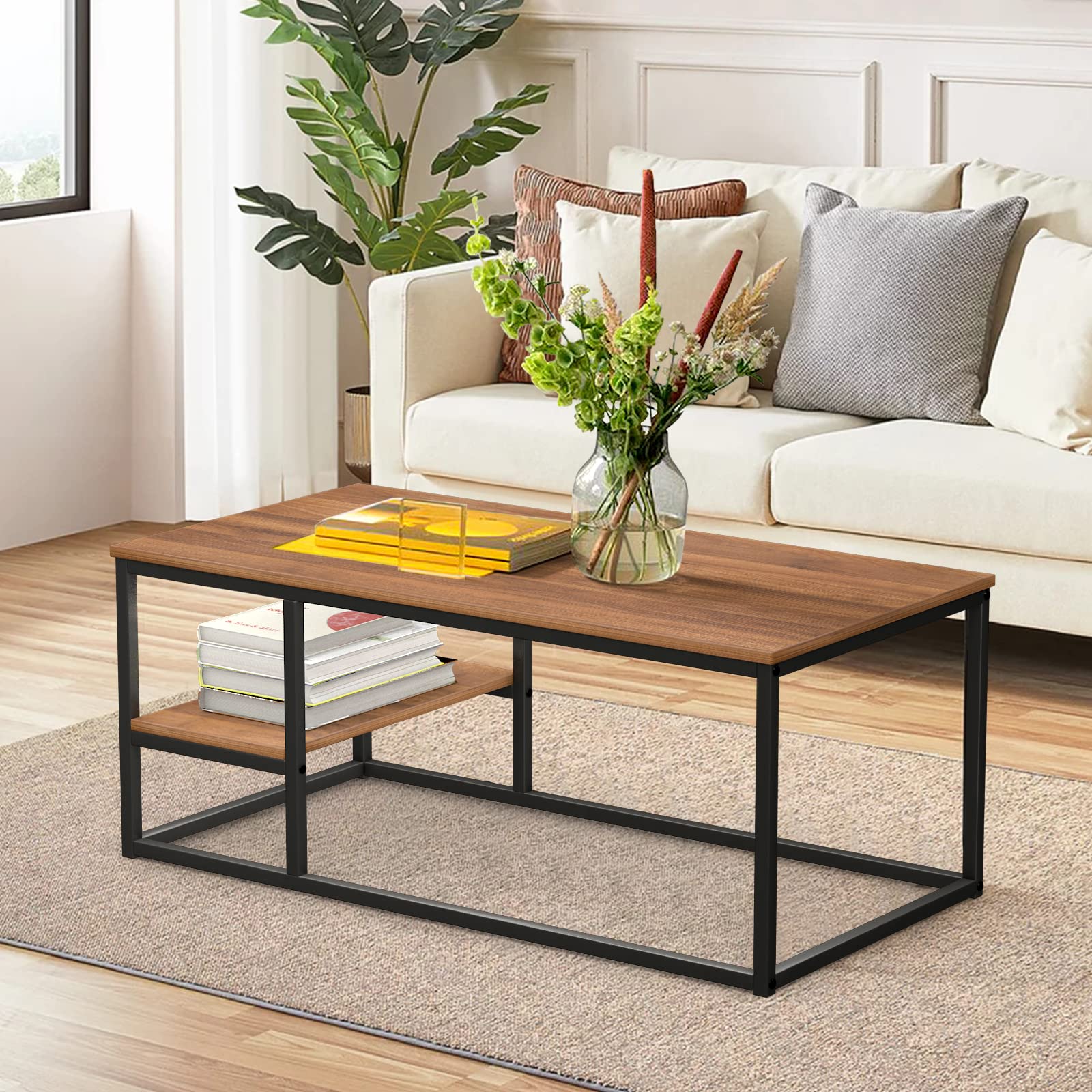 VOWNER Tavolino, Tavolo da Salotto, Tavolino con Struttura e Ripiano in Acciaio, Design Industriale, Stile Scandinavo, Facile da Montare, Tavolino da Divano in Legno, Colore Noce