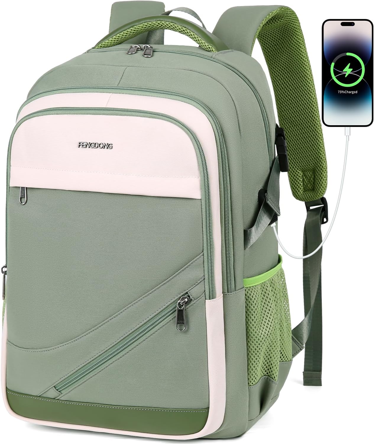 FENGDONG Durable Waterproof Travel Laptop Backpack 17.3 inch,Large College Backpack Bookbag for Men & Women Business Backpack with USB Charging Port and Headset Port Green Beige