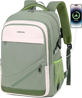 FENGDONG Durable Waterproof Travel Laptop Backpack 17.3 inch,Large College Backpack Bookbag for Men & Women Business Backpack with USB Charging Port and Headset Port Green Beige