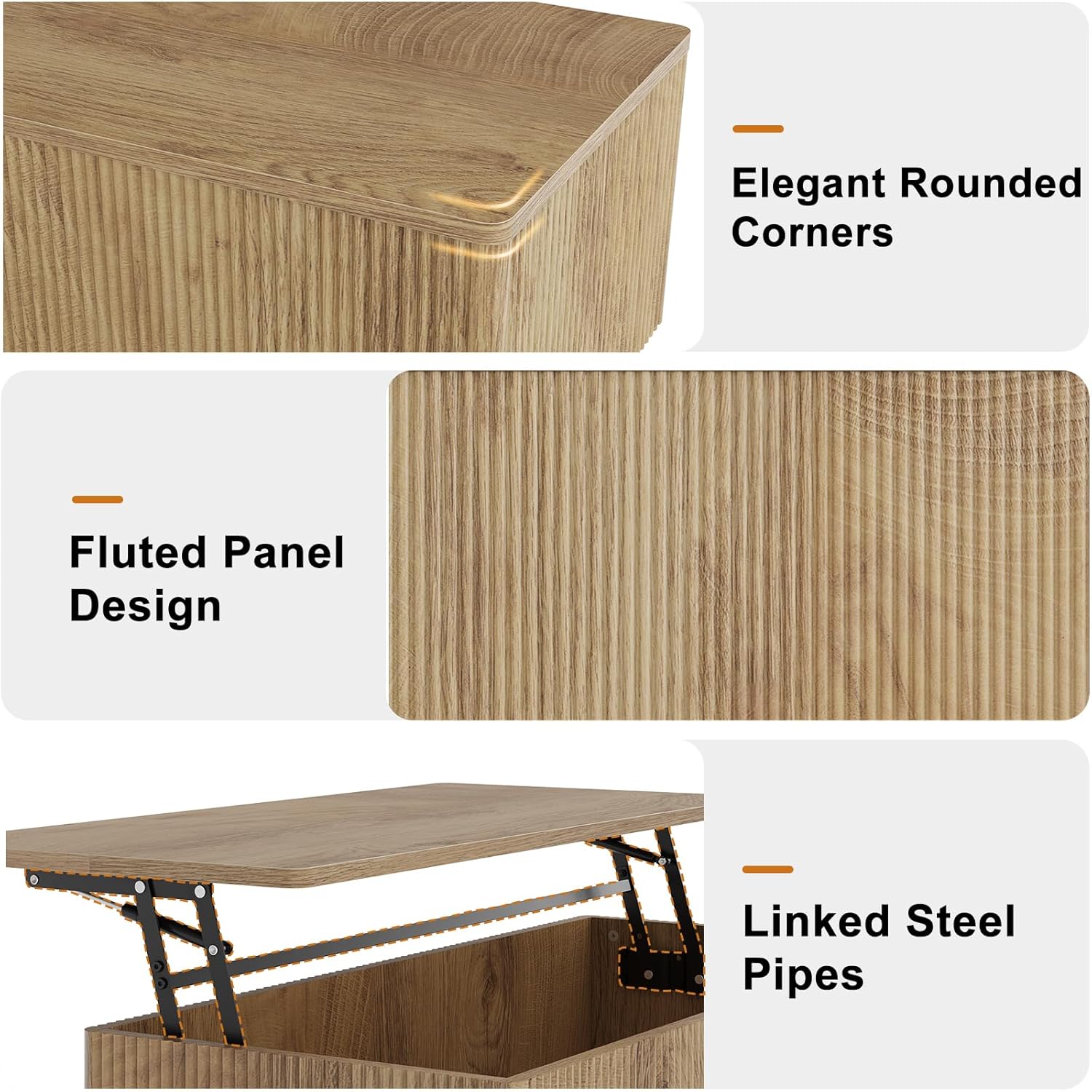 FABATO Mid Century Modern Coffee Table, Wooden Fluted Center Table with Large Hidden Compartment, 41.7” Rectangle with Round Corners, Lift Up Farmhouse Wood Table for Living Room, Home Office, Wood