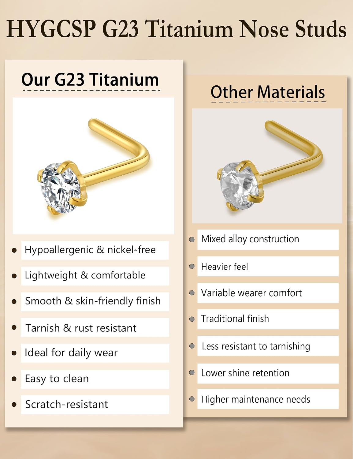 9PCS Titanium Nose Rings Studs for Sensitive Skin, 20G Gold Nose Studs Set for Women Men – Straight Nose Stud, L Shaped & Corkscrew Nose Rings, Diamond CZ, 2mm 2.5mm 3mm, Nose Piercing Jewelry