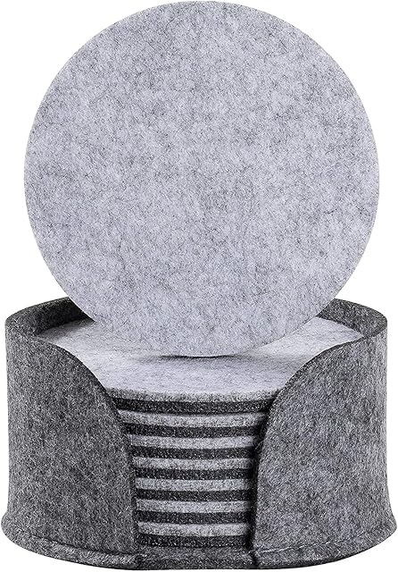 Felt Coasters Set of 8 with Coaster Holder, Double Sided Light Grey and Dark Grey Round Coasters for Drinks, 5mm Thick Felt Highly Absorbent Cup Mats (Grey)