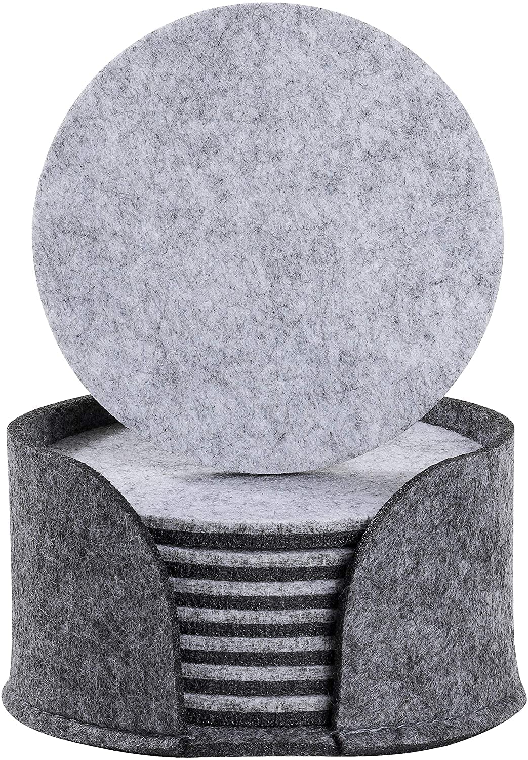 Okami Products Felt Coasters Set of 8 with Coaster Holder, Double Sided Light Grey and Dark Grey Round Coasters for Drinks, 5mm Thick Felt Highly Absorbent Cup Mats (Grey)