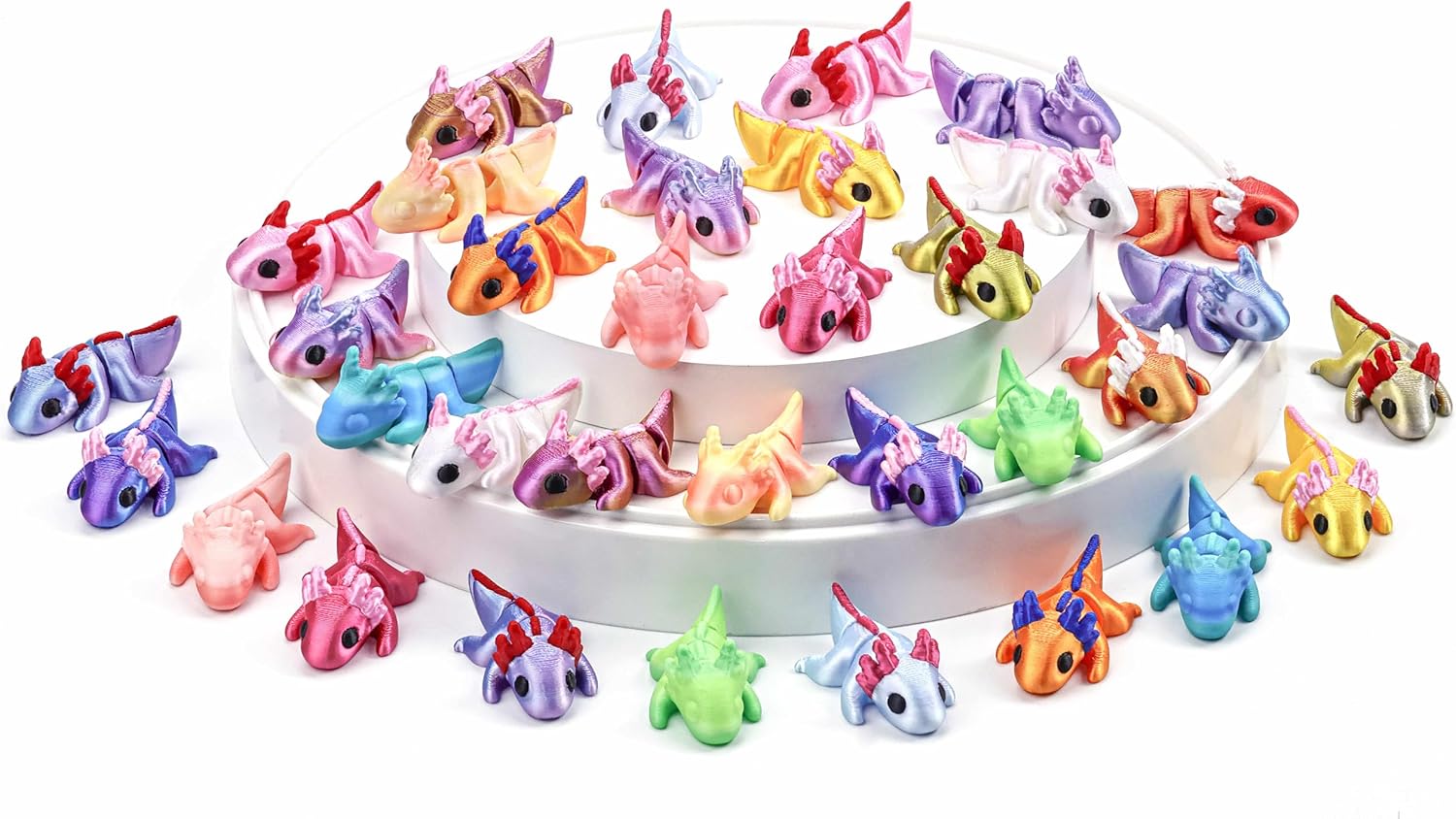 34 pcs 3D Printed Axolotl Figure, Flexible Articulated 3D Axolotl, Multicolor Animal Figures for Desk Use, Relaxing Fidget Style Gift