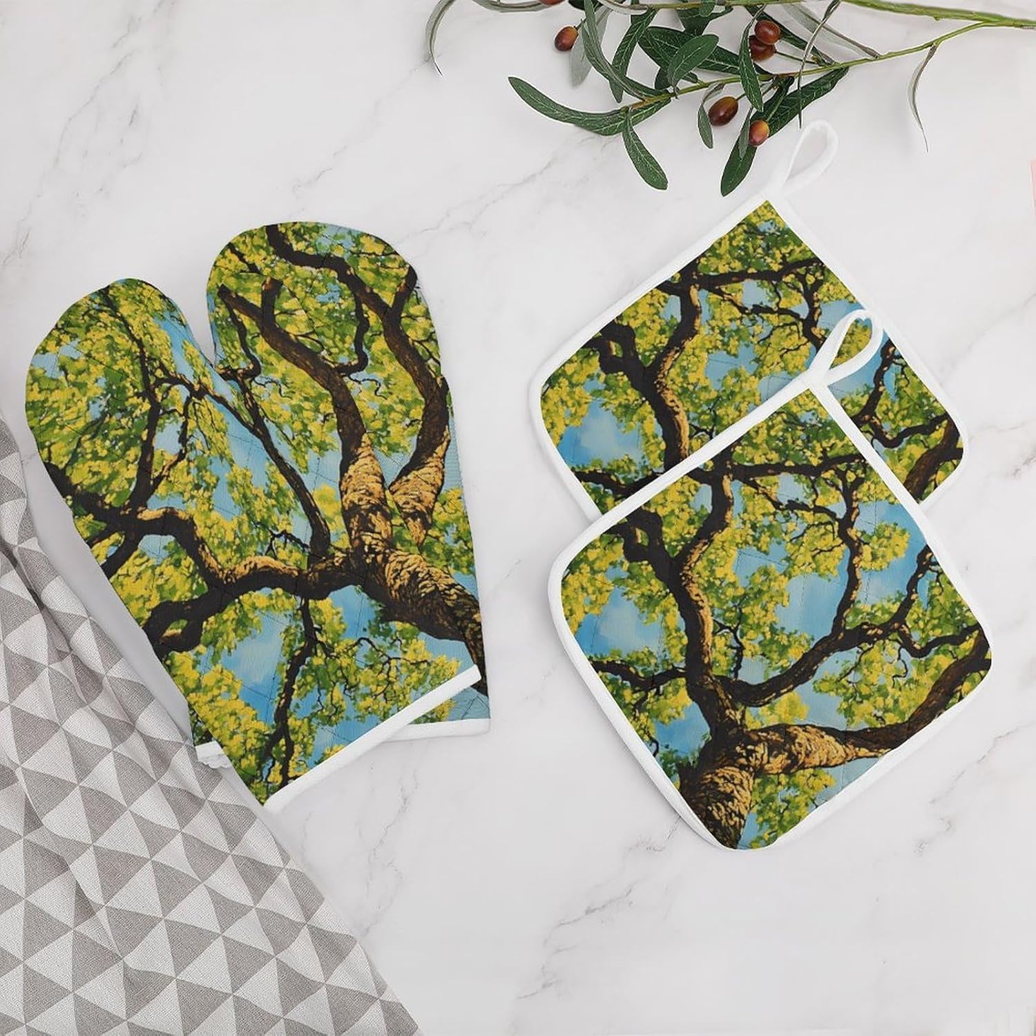 Summer Trees Canopy Sunshine Oven Mitts and Pot Holders 4Pcs Set Heat Resistant Cooking Mitts Hot Pads