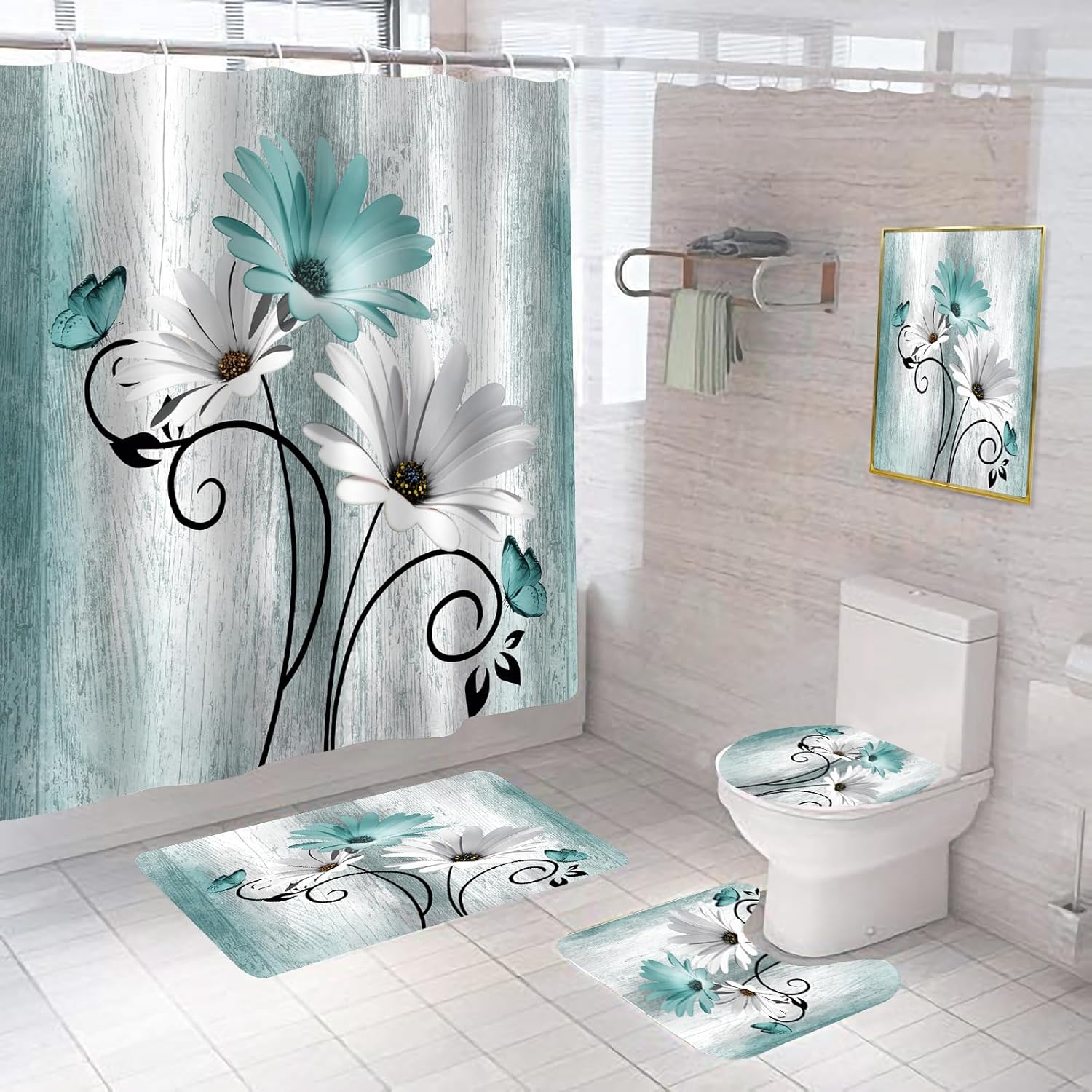 Onalasyc 5Pcs Teal Daisy Shower Curtain Set, Wall Painting Bathroom Sets with Shower Curtain and Rugs, Daisy Bathroom Wall Art Decor Painting Shower Curtains Sets with Rugs