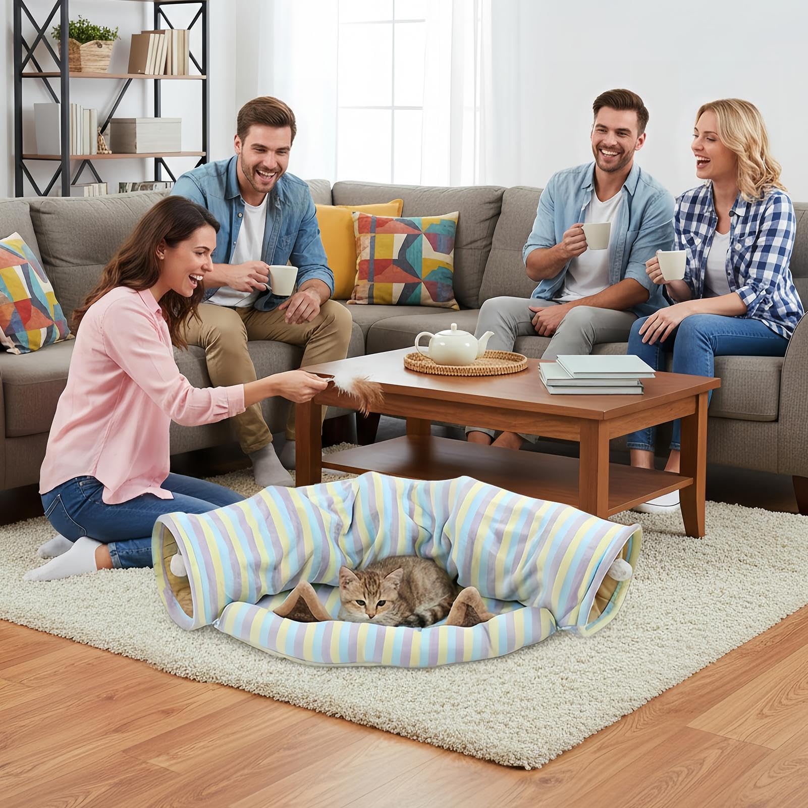 Tunnel pour Chat Grand Jouet en Forme De Maison Pliable avec Puzzle | Maisons De Pour Chats À Rayures Colorées Pour L'Intérieur Pour Chaton, Animal De Compagnie, Anniversaire, Fête De Noël,