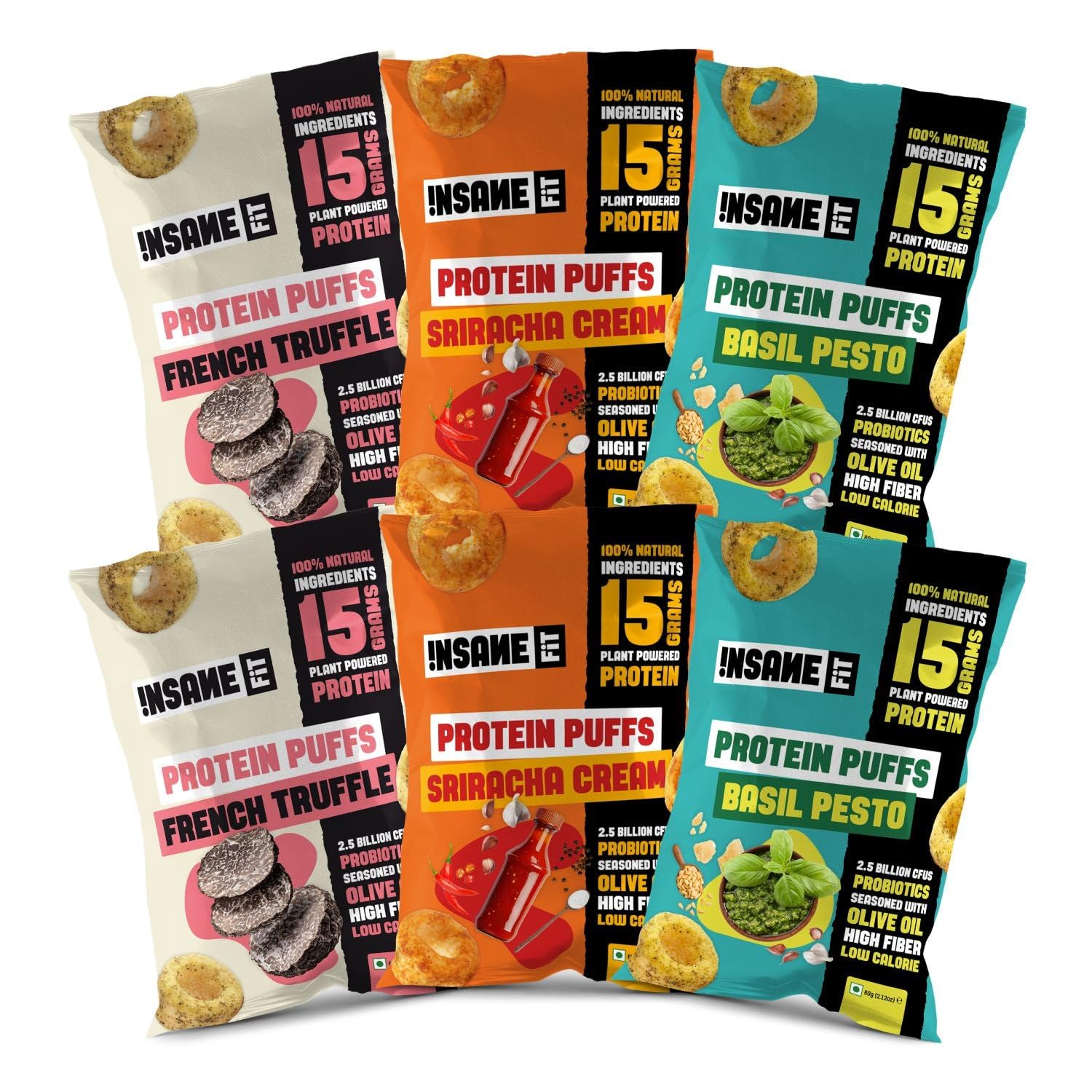 Insane Fit - Protein Puffs THE POWER-UP PACK (6 x 60G) | 15G Protein, Low Calorie, High Fibre, PRObiotics | Roasted, Seasoned with Olive Oil | Gluten free | Healthy Snack for Fitness & Diet