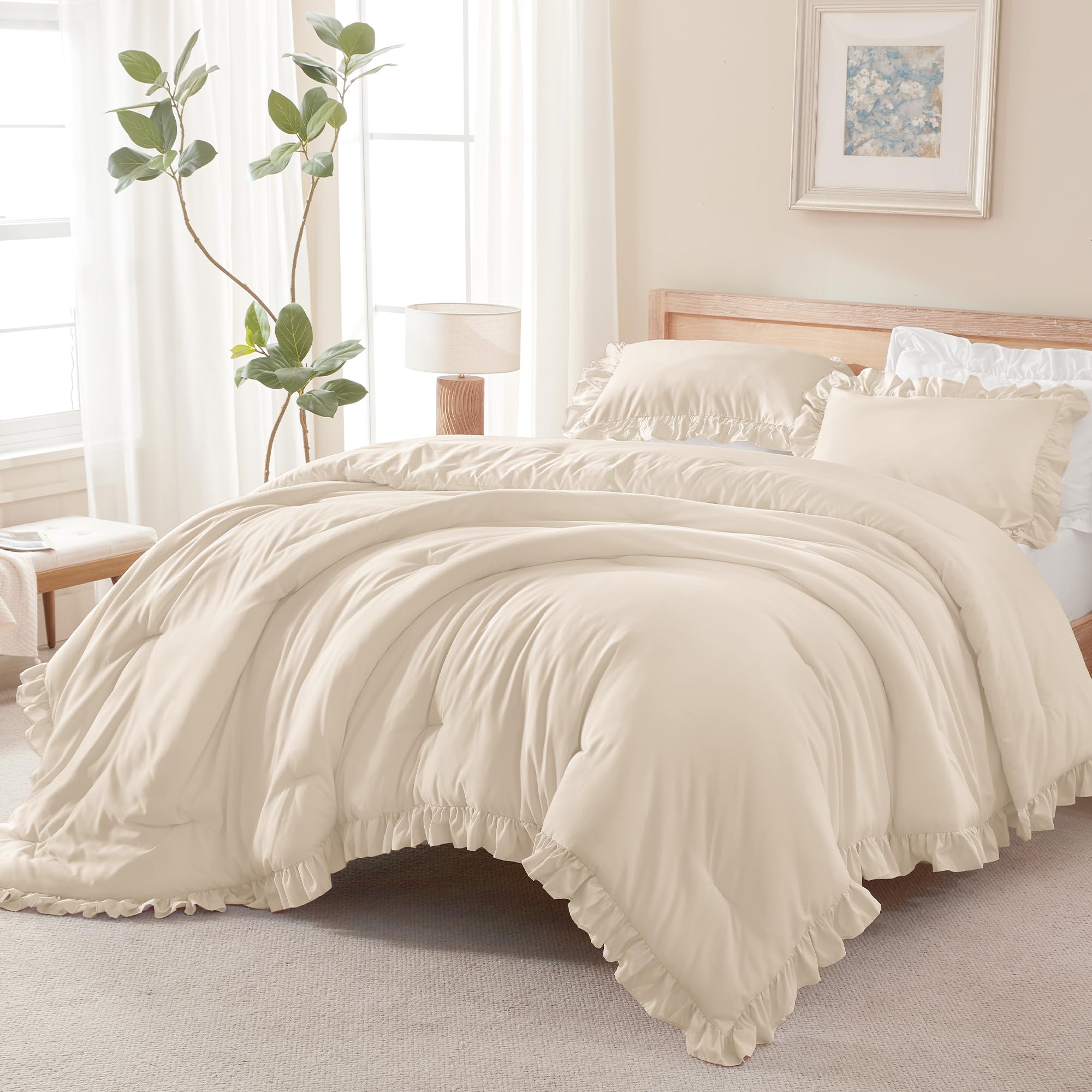 Photo 1 of Andency Oversized King Comforter Set,3 Pieces Beige Ruffle Bedding Set