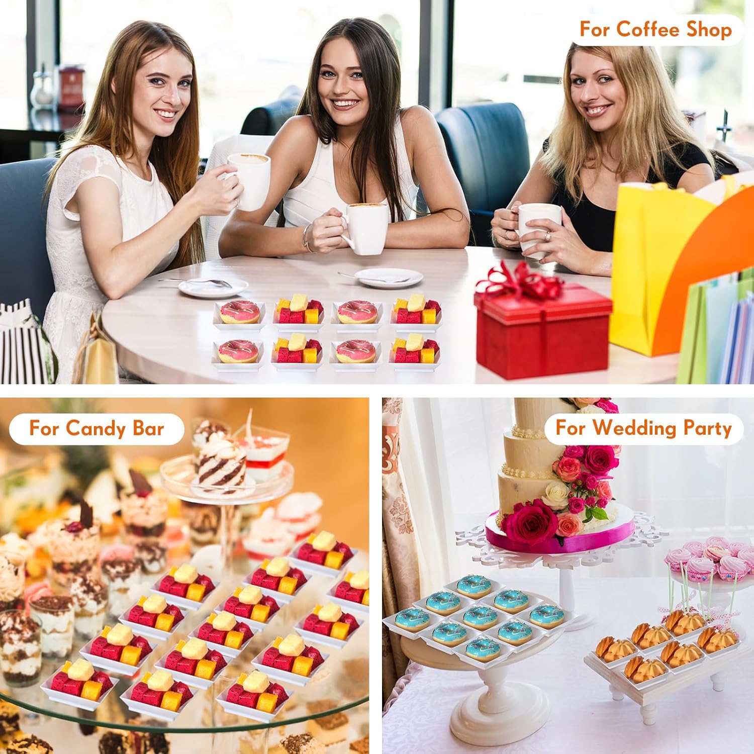 500 Pieces Mini Square Dessert Plates 2.5 x 2.5 Inch Disposable Appetizer Plates Small Clear Plastic Dish for Dessert Salad Appetizer Sauces Tastings Cake Wedding Party Serving (White)