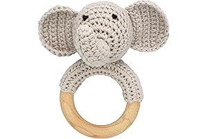 Woodland Friends Baby Rattle Shaker Toy with Wooden Teething Ring Gray Elephant