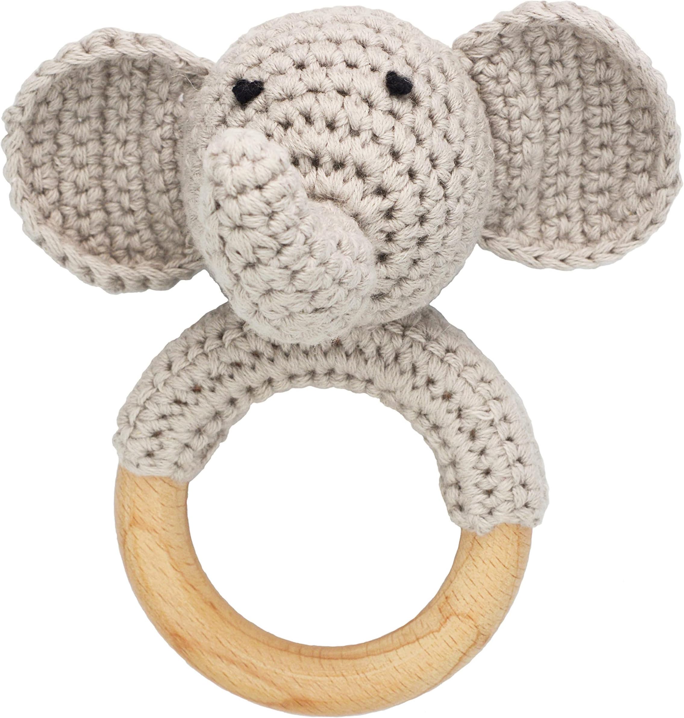 Joliecraft Woodland Friends Baby Rattle Shaker Toy with Wooden Teething Ring Gray Elephant