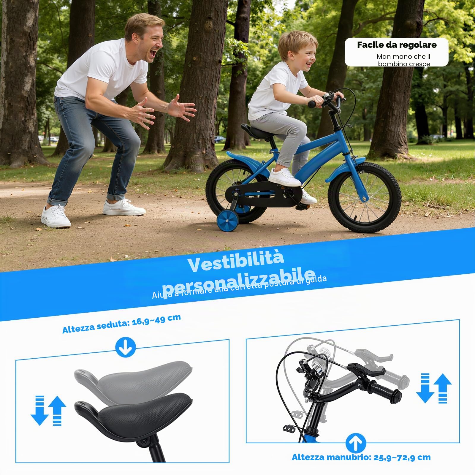 Bicicletta per bambini da 14 pollici, per ragazzi e ragazze, con ruote di supporto e sistema a doppio freno, manubrio e sella regolabili in altezza, bicicletta per bambini a partire dai 3