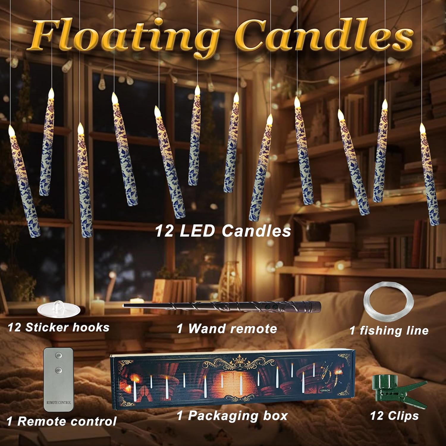 Blue and White Flameless Taper Candle 12 Pack Floral LED Magic Hanging Candle Battery Operated Floating Candles Floating Candles with Wand Remote Timer for Mother's Day Home Wedding Garden Party Decor