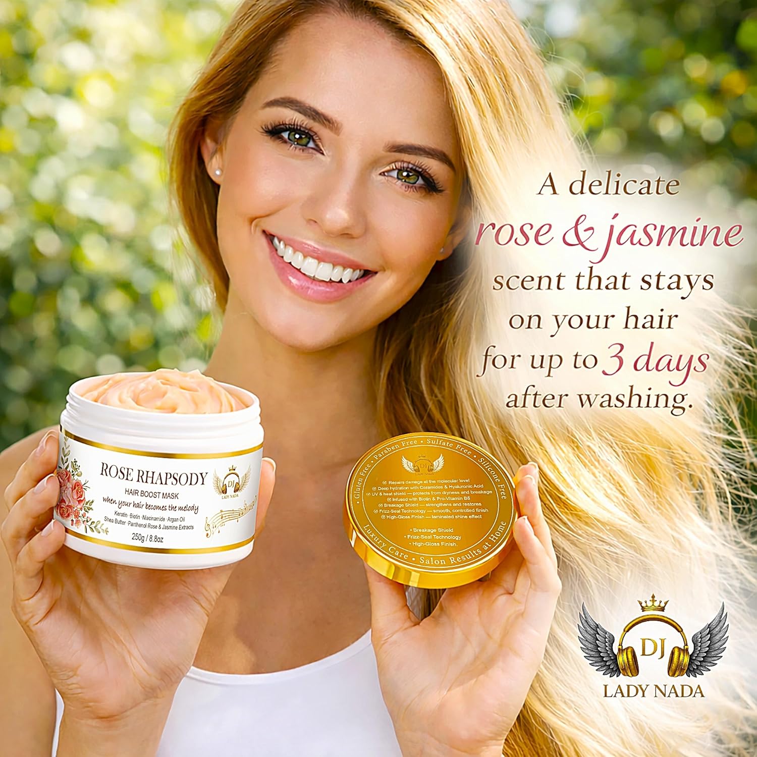 DJ LADY NADA Rose Rhapsody Hair Mask – Deep Conditioning for Dry & Damaged Hair – Keratin, Biotin, Argan Oil, Shea Butter – Restores Shine – Vegan, No Sulfates or Parabens (8.8 oz) | Deep conditioning, For dry damaged hair, Gentle hair repair
