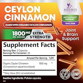 Organic Ceylon Cinnamon Supplement 1800mg - Certified Organic Ceylon Cinnamon Powder Pills - Energy & Heart Support for Women & Men, Bottled in USA, Antioxidant, Gluten Free, Non-GMO - 60 Capsules
