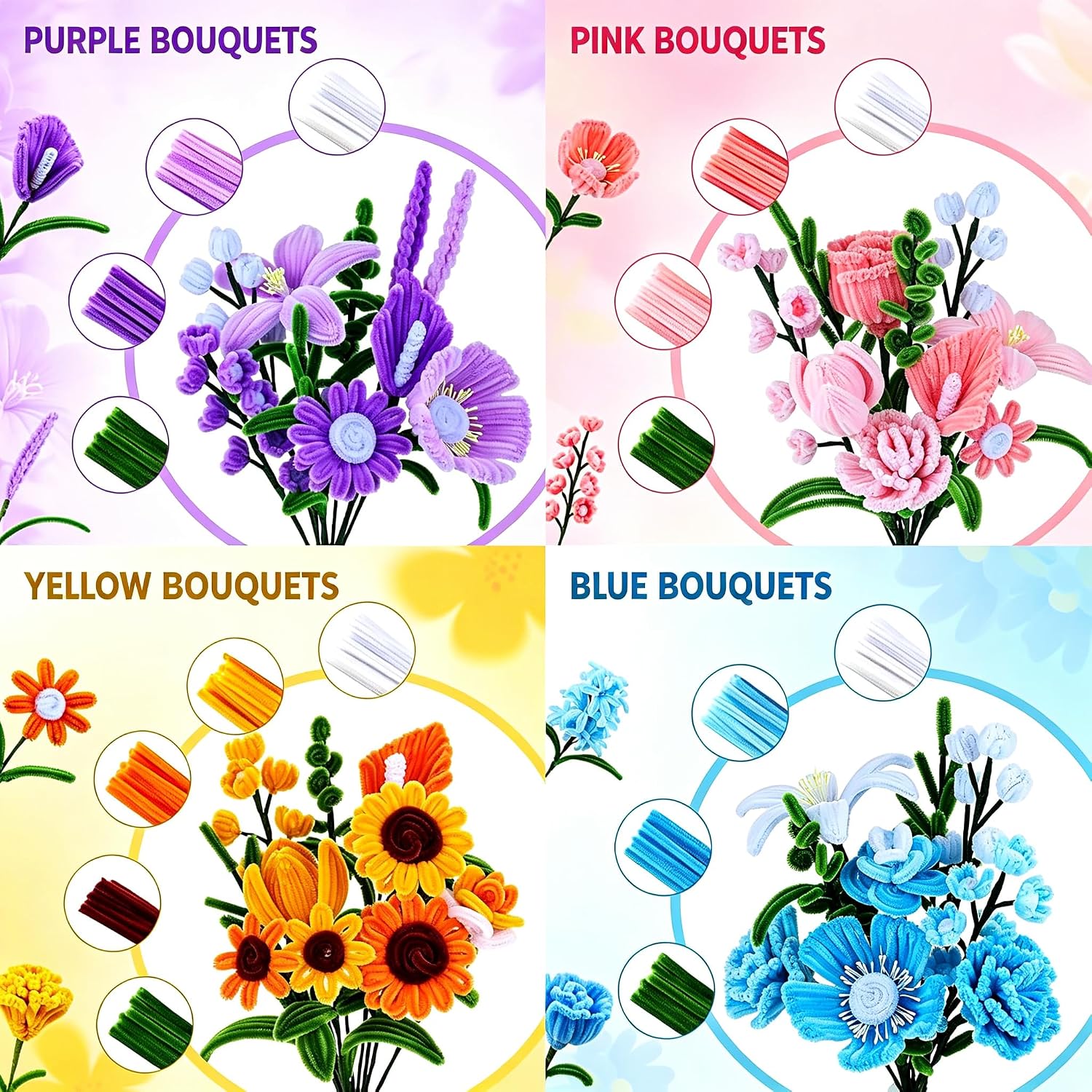 COSILY Pipe Cleaners Flower Kit with Photo Frame, 1000 Pcs 14-Color Chenille Stems Craft Set with Guide Book, DIY Arts and Crafts Bouquet Supplies, Handmade Birthday Gift for Girls Kids Adults