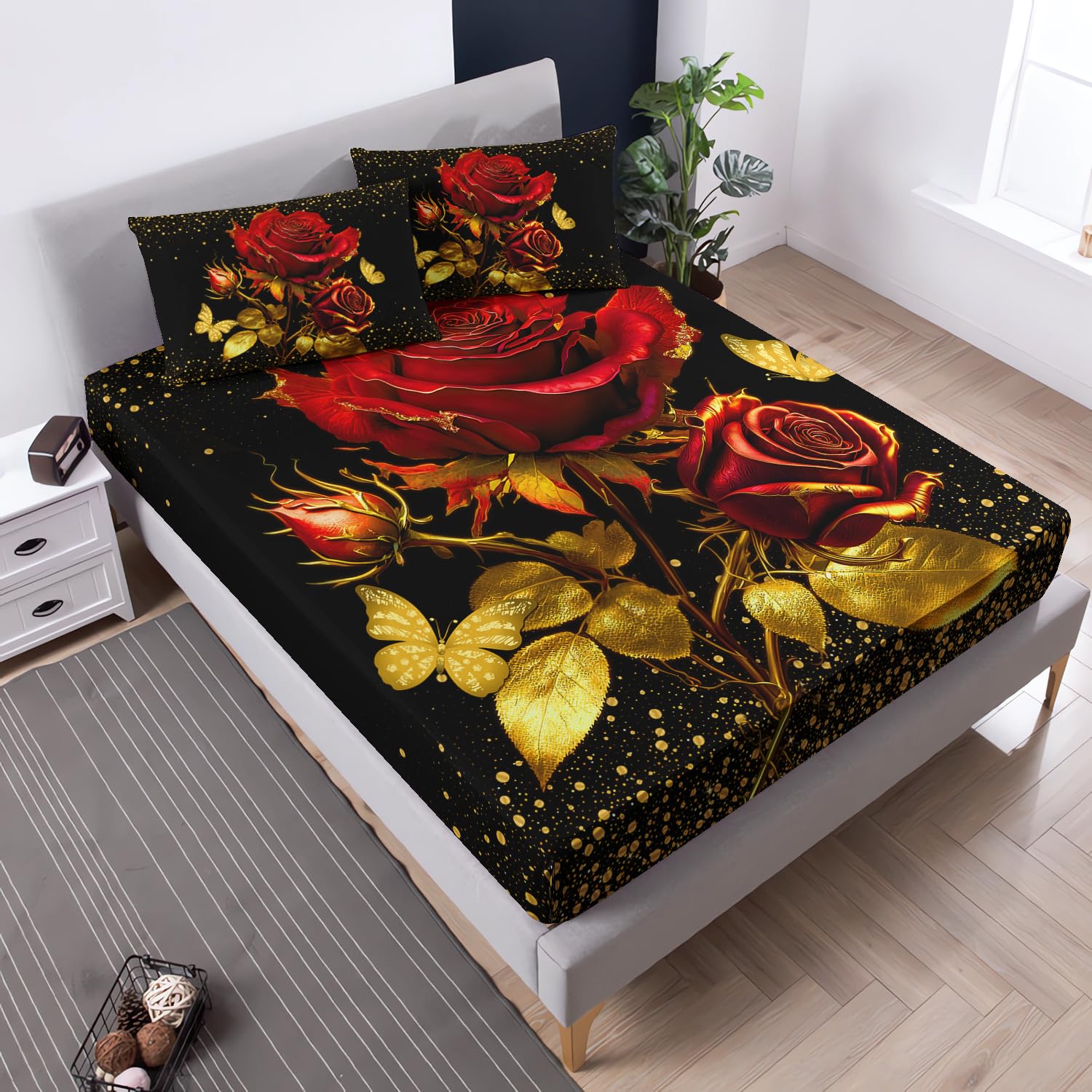 Gold Red Rose Full Size Fitted Sheet Set,Glitter Butterfly Printed Bedding Set for Girls Women Couple Lover,Romantic Floral Themed Bedding,1 Fitted Sheet+2 Pillowcases.