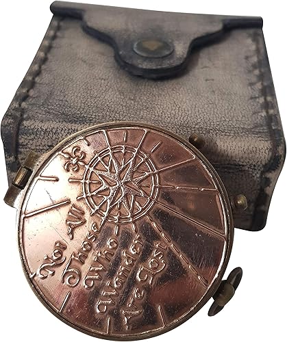 Brújula Delvy de latón auténtico con cadena y funda de piel para navegación, brújula de bolsillo