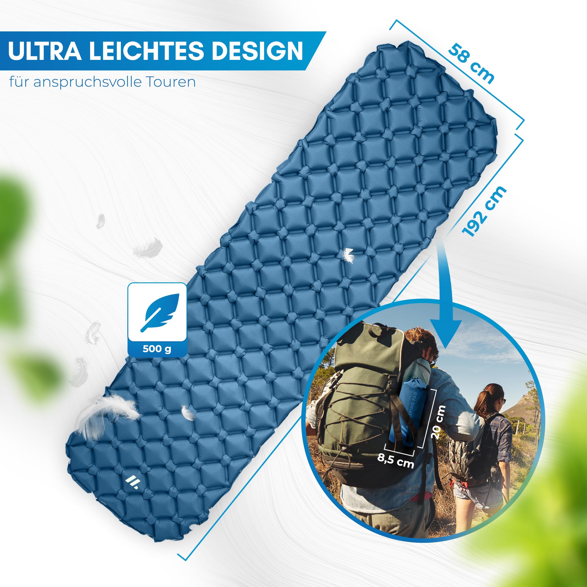 NORDMUT Isomatte Ultraleicht [mit Reparaturset] kleines Packmaß - Aufblasbare Luftmatratze Camping - Camping Matratze Wetterfest für Outdoor Zelt & Festivals - Blau