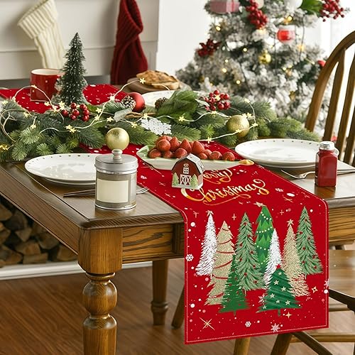 Miniatura 6 de Camino de mesa de Navidad de 72 x 13 pulgadas, camino de mesa rojo con copos de nieve brillantes y patrón de árbol de Navidad para vacaciones,