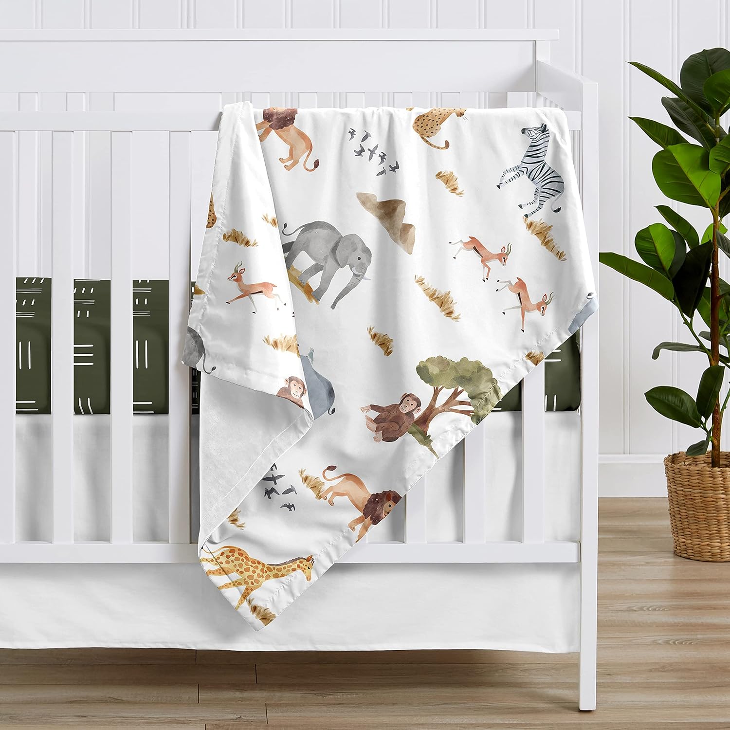 Sweet Jojo Designs Jungle Animals Blanket Receiving Security Swaddle Newborn Toddler Nursery Soft Minky Hunter Green Yellow Grey Black White Wildlife Safari Animal Elephant Giraffe Lion Monkey Leopard