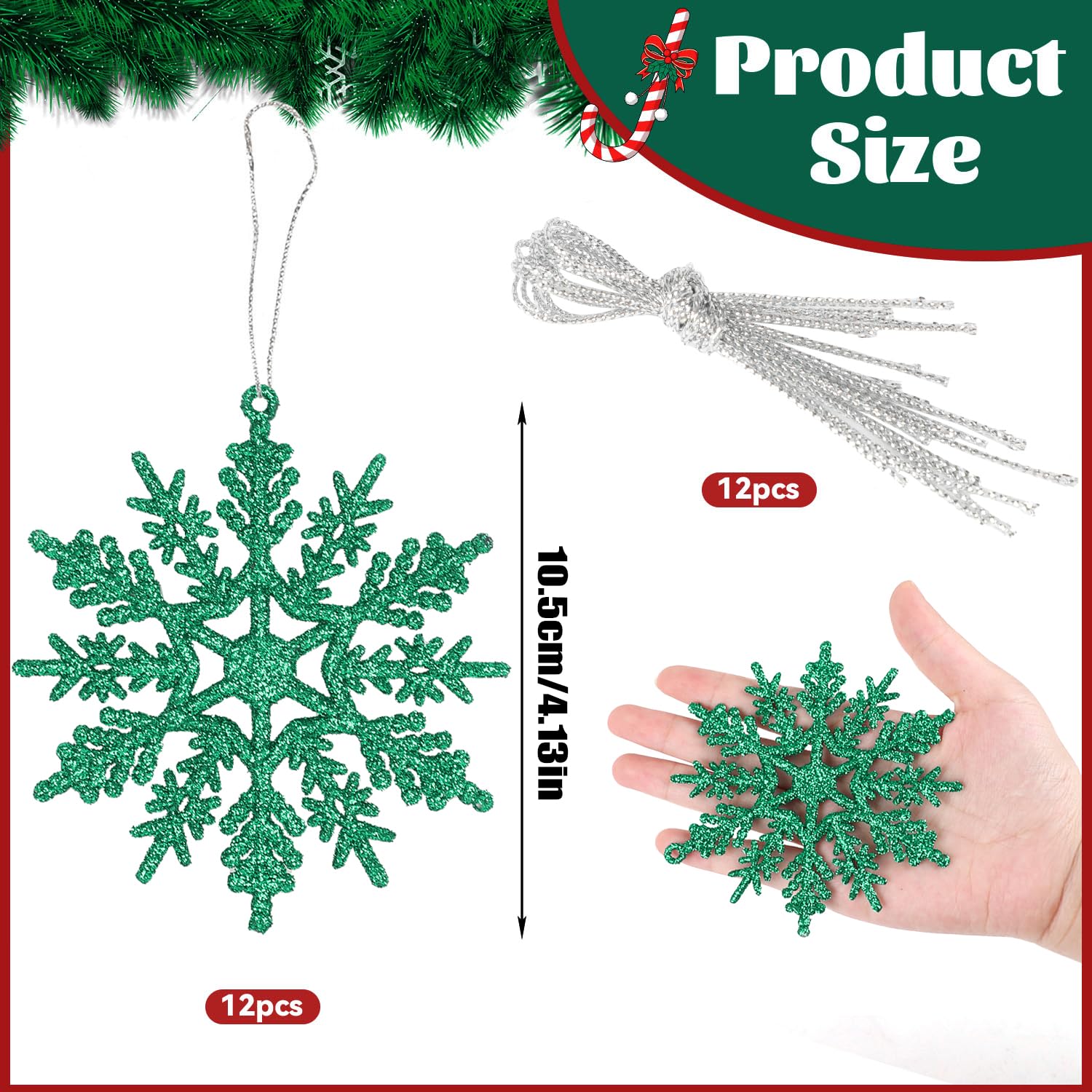 VEYLIN Christmas Glitter Snowflake, 12PCS Hanging Decorations (Green) - Image 3