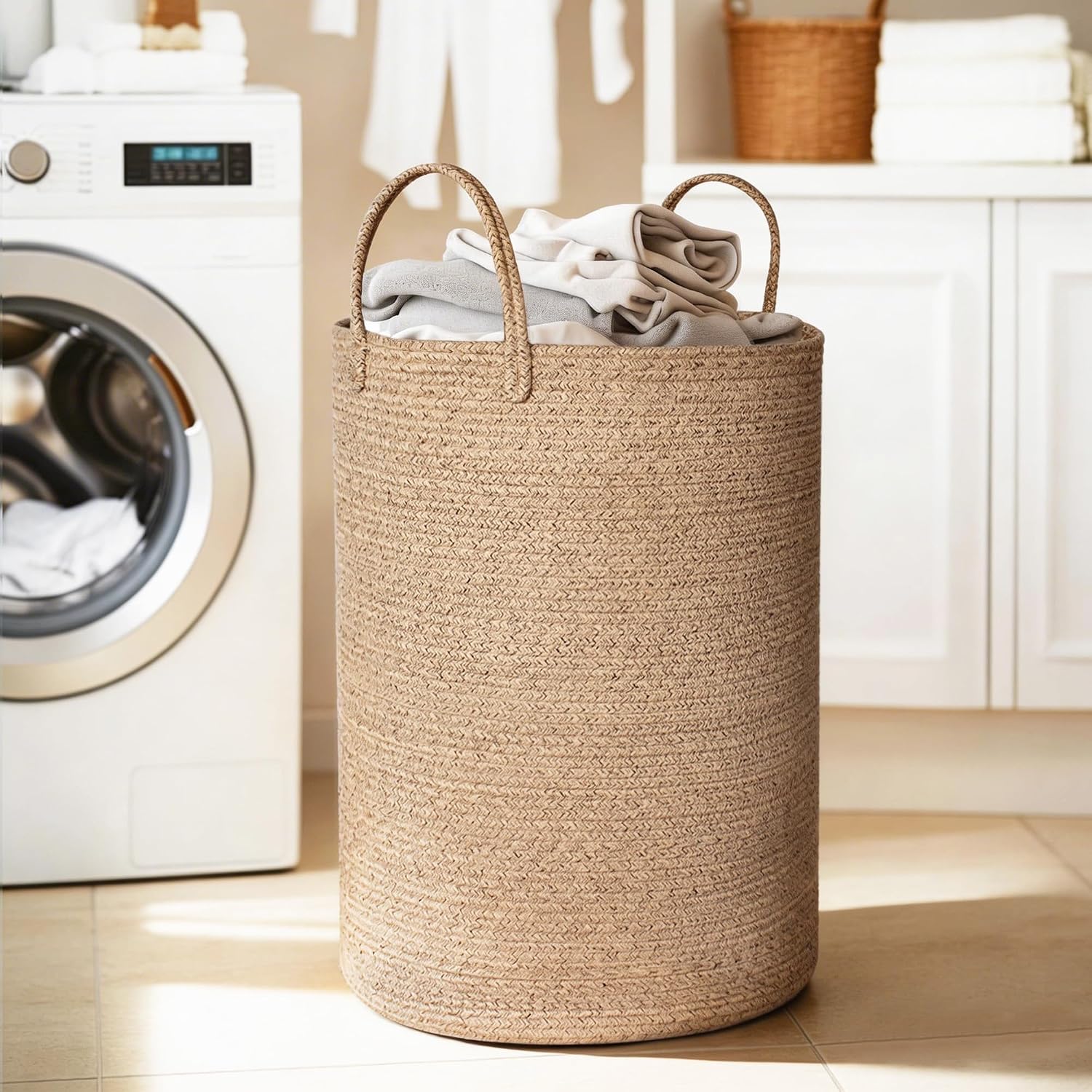 MEGASKET Large Woven Laundry Basket, 80L Tall Blanket Storage for Living Room, Cute Nursery Kids Baby Laundry Hamper, Cloth Hamper for Bedroom Aesthetic, Cotton Rope Toy Stuffed Animal Storage Bin