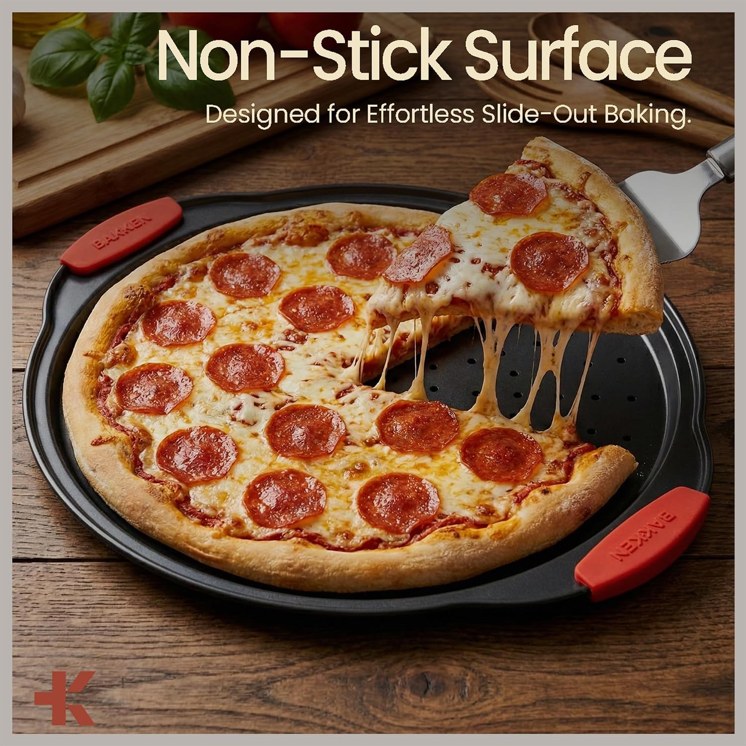 Bakken Pizza Baking Pan - Round Perforated Carbon Steel Pan with Non-Stick Marble Coating, Oversized Silicone Handle, Dishwasher Safe, High-Temperature Resistant, Durable & Easy Cleanup Black, 2 Pack
