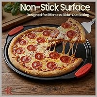 Vista 3 de Bandeja para pizza – 2 redondas con asas de silicona – Sartén de pizza de acero al carbono con agujeros y revestimiento antiadherente – Libre