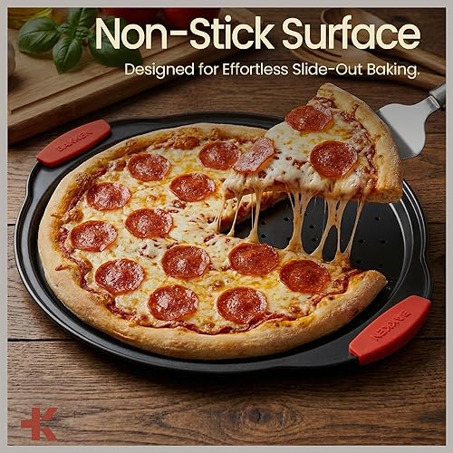 Miniatura 3 de Bandeja para pizza – 2 redondas con asas de silicona – Sartén de pizza de acero al carbono con agujeros y revestimiento antiadherente – Libre
