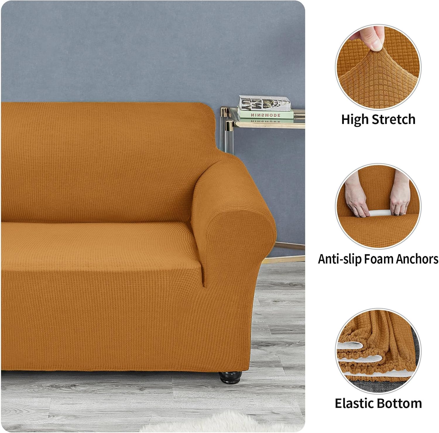 Joccun Stretch Loveseat Couch Cover Slipcover, 1-Piece Sofa Cover for 2 Cushion Couch Spandex Jacquard Washable Furniture Protector Cover for Living Room,Kids,Pets（Loveseat,Gold）