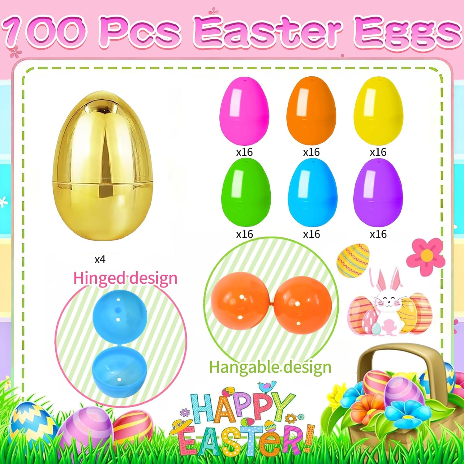 Pinkcow Plastic Easter Eggs Fillable Empty - 100 Pack 2.3" Colorful Pastel Eggs Mix Gold Eggs Bulk with Hinge for Easter Basket Stuffers, Egg Hunt Supplies, Party Favor Decorations, Kids Gifts