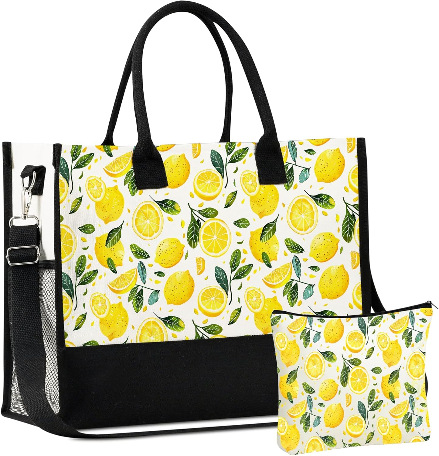 InnoBeta Lemon Gifts for Women Canvas Tote Bag with Makeup Pouch - Yellow Fruit Print Zipper Shoulder Bag for Travel Work Beach