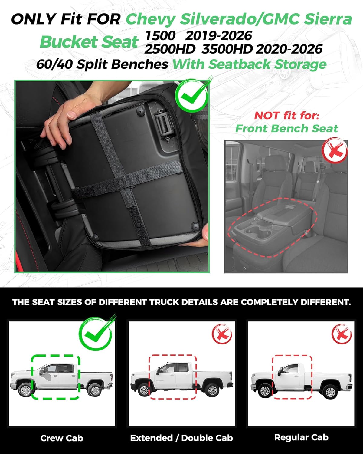 for chevy silverado & gmc sierra leather seat covers, crew cab 1500 2019-2026, 2500hd 3500hd 2020-2026, custom fit truck seat cover full set, black red (with rear armrest/seatback storage) black-red trim 1500 19-26, 2500hd 20-26 (with rear back storage)