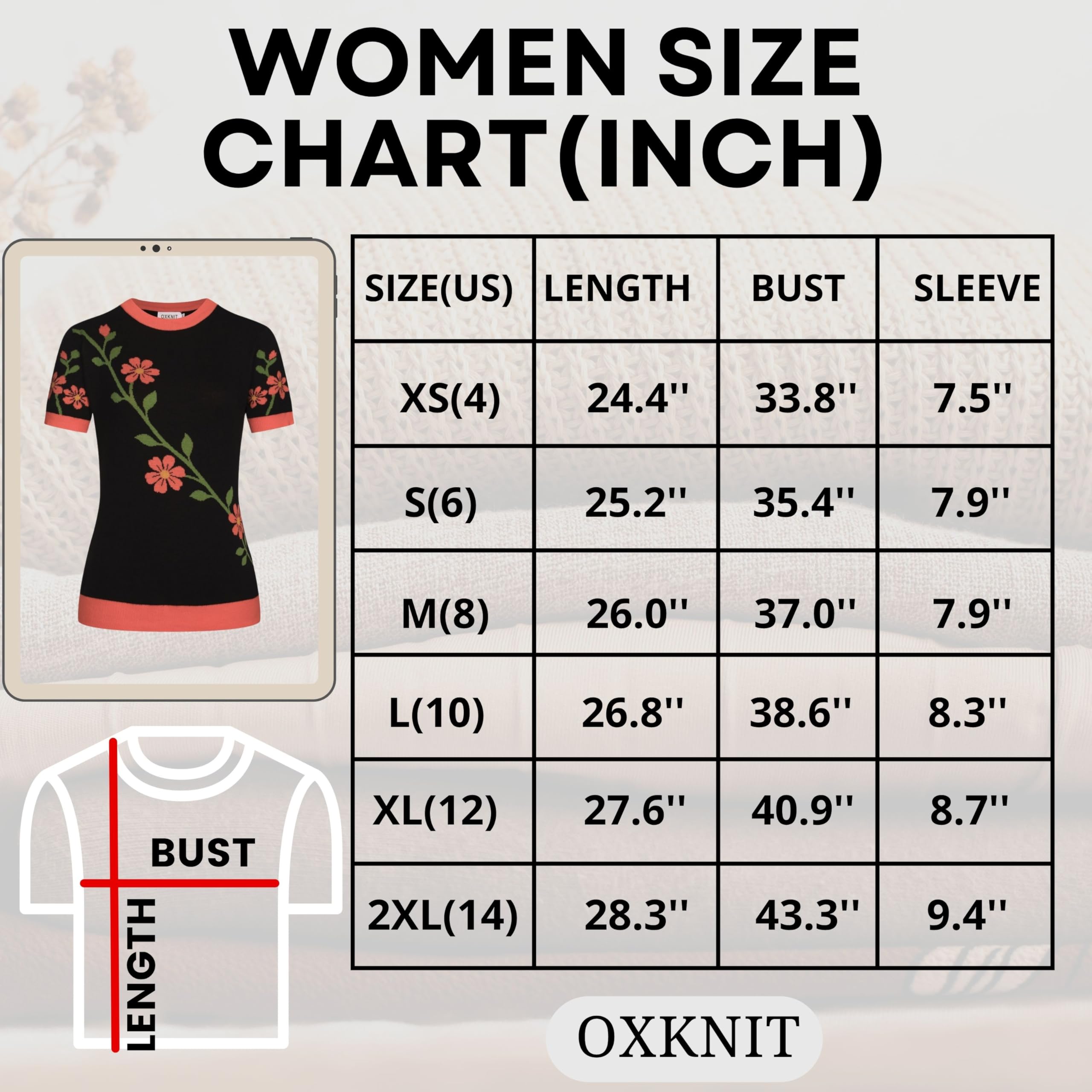 OXKNIT Camisetas Mujer Clásica Negra Camiseta de Punto con Estampado Floral Naranja Jacquard Verano Algodón Casual Top