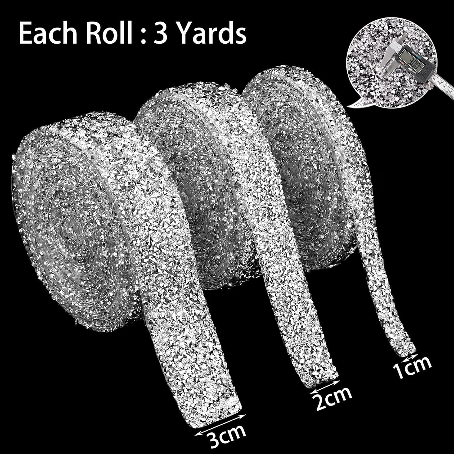 Locacrystal 3 Rolls Rhinestone Ribbon Self-Adhesive Bling Rhinestone Stickers Iron-on DIY Glitter Diamond Resin Gem Strips for Crafts Cars Clothing Decoration（Sliver,3 Size Total 9 Yard）