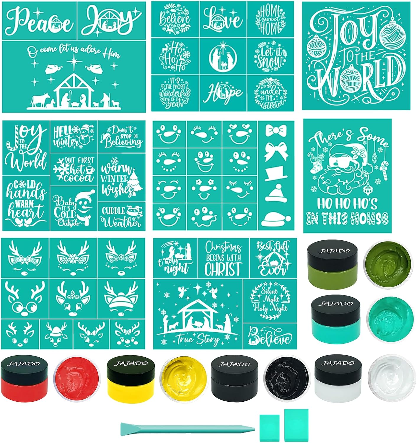 Merry Christmas Reindeer Faces Reusable Silk Screen Stencil Self Adhesive Silk Screen Transfers Xmas Holiday Small Stencils for Painting on Wood, T-Shirt, Mug, Window, DIY Crafts 1pc 8.5x11inch