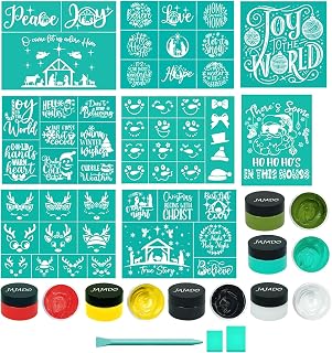Silk Screen Stencils Christmas Chalk Paste Starter Kits 17 Pcs, Adhesive Screen Printing Mesh Transfers Chalk Paint for Craft Christmas Stencils Painting on Wood DIY T-Shirt Gift Card