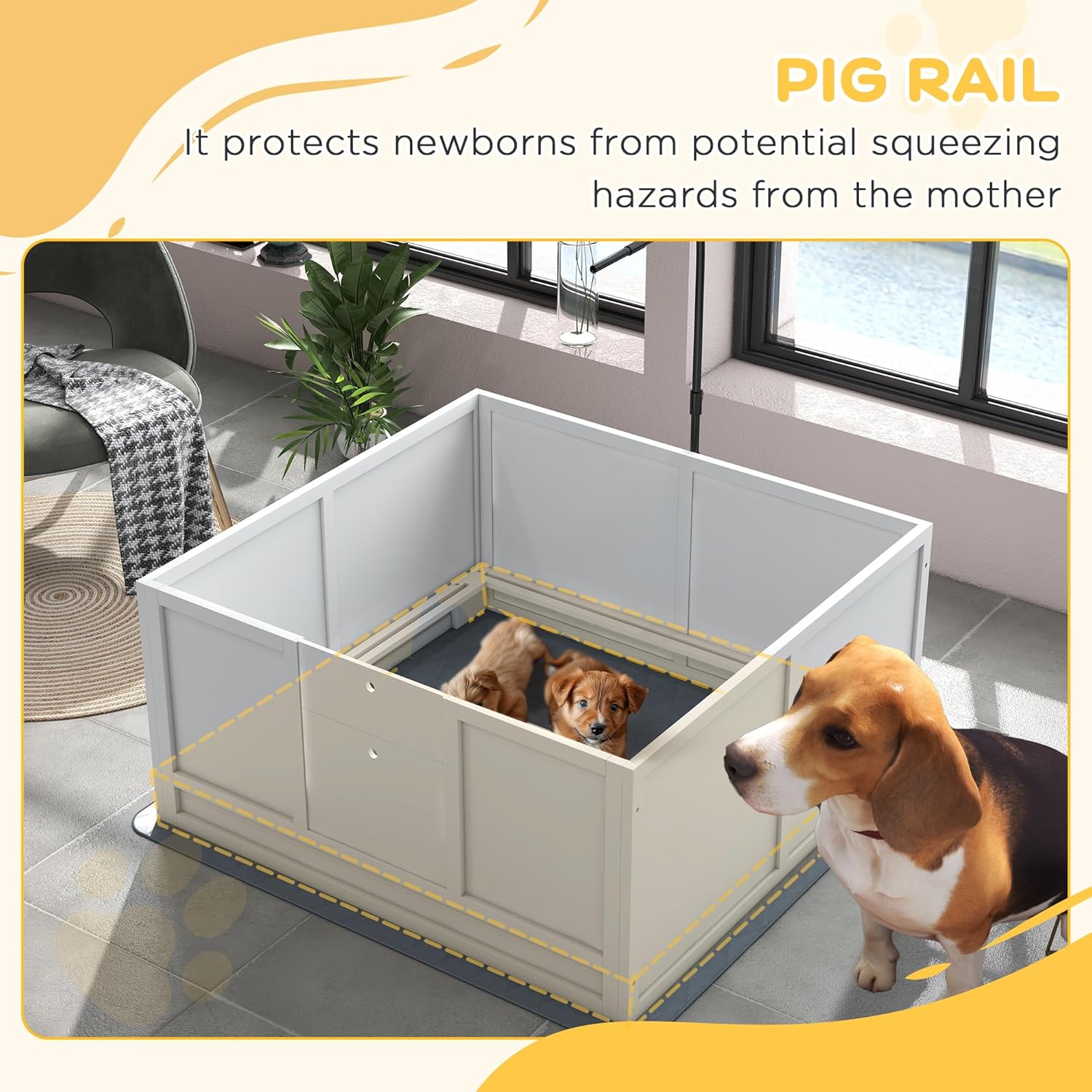 PawHut Whelping Box for Dogs with Retractable Light Stand, Waterproof Mat for Puppies with Pig Rail, Adjustable Height Door for Small, Medium & Large Breed Dogs, 41" x 39"