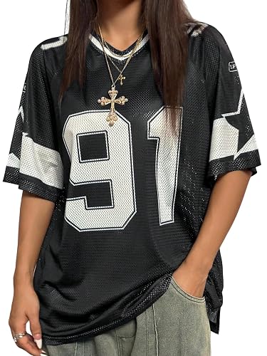 SHENHE Women's Football Jersey Top V Neck Oversized T Shirt Streetwear | Graphic, Short Sleeve, Baggy, Mesh, BTS, Cowboy - Small - Black