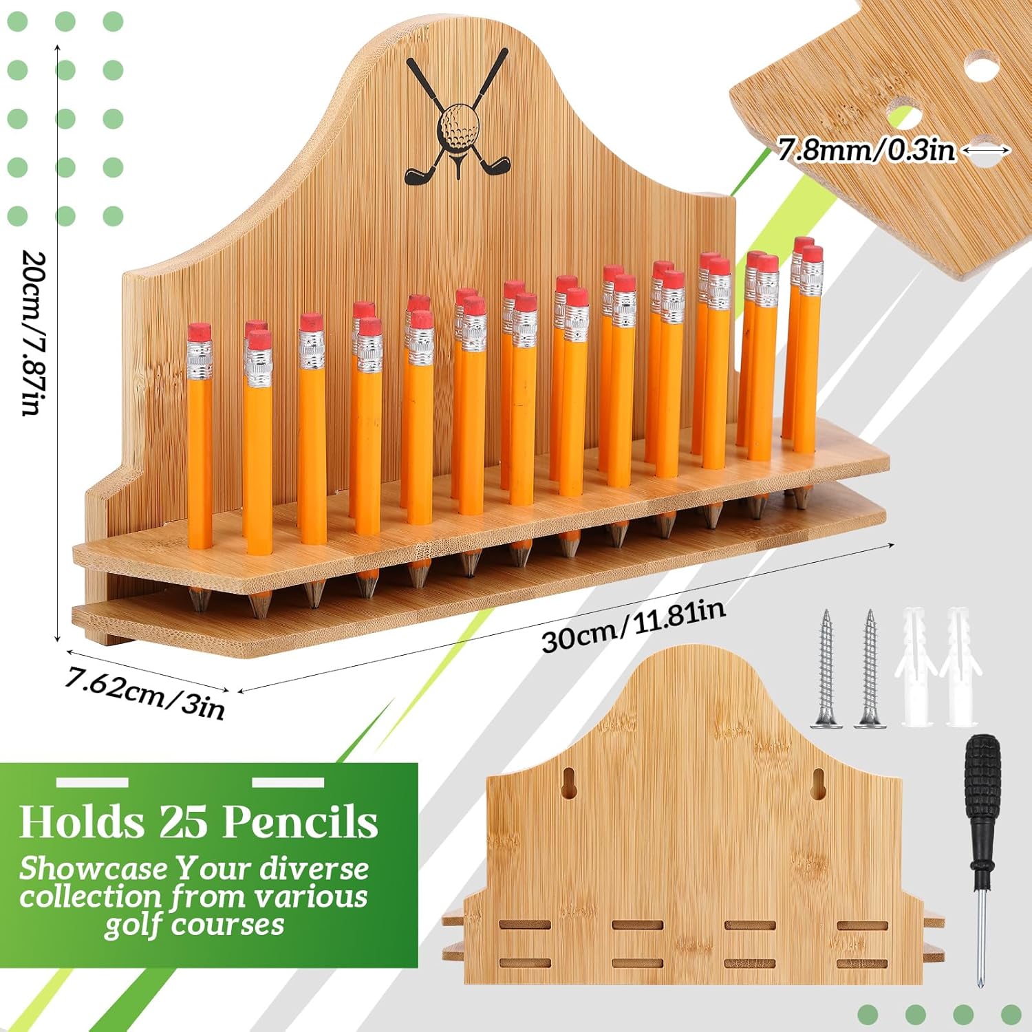 Geelin Golf Pencil Display Case Bamboo Wall Mount Golf Pencil Holder Storage, Holds 25 Pens for Home Office Father Dad Grandpa Birthday Father's Day Sports Gifts (Holder Only)