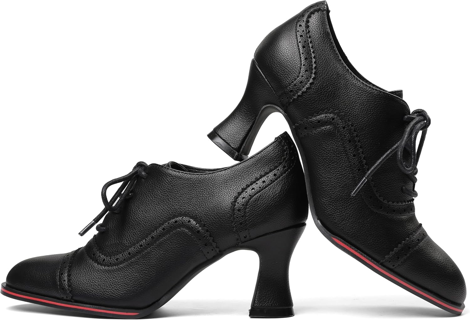 Women's Black Oxfords Dress Wingtip Vintage Comfortable Chunky High Heel Lace Up Brogues Booties - Image 4