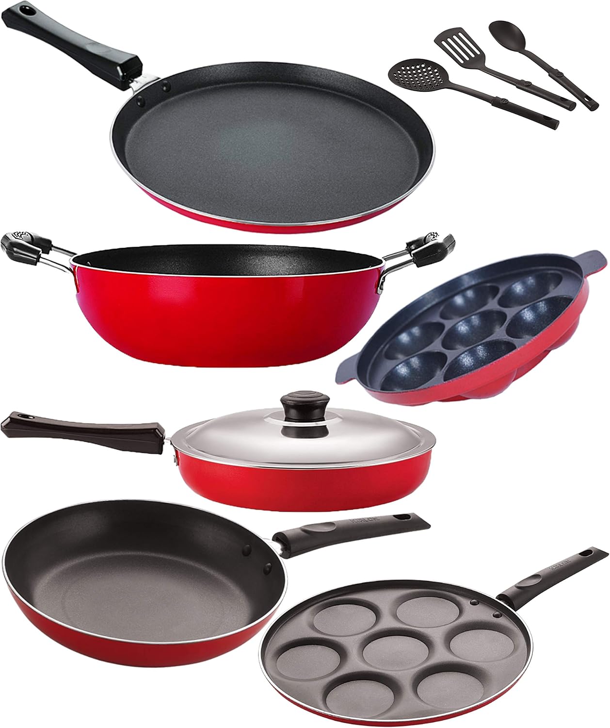 Non-Toxic Oil Free Non-Stick Cookware Essential Combo Set of 9 Pieces with Bakelite Handle (2.6mm_FT13_KD12_UP(7)_TP_AP(7)_FP12_3spoon)