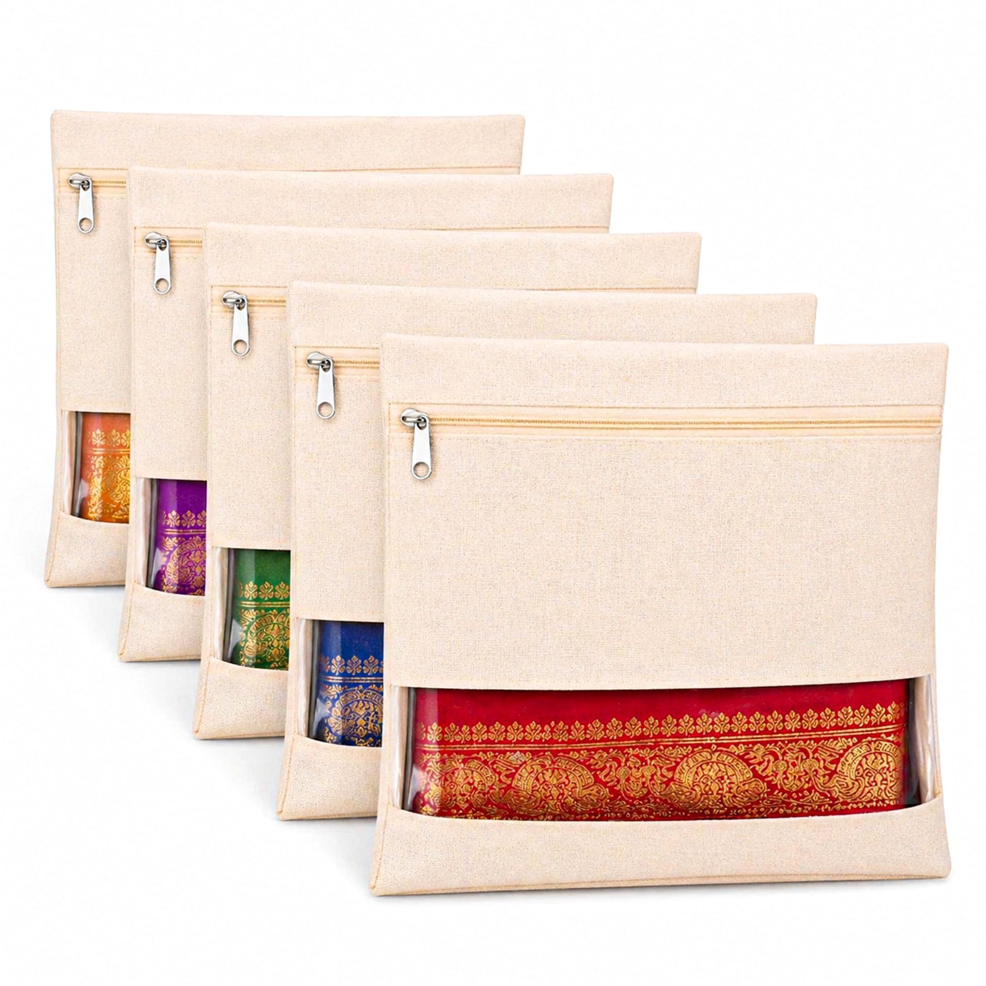 EIGHTIZ (Pack of 5) Saree Covers for Wardrobe Transparent Clothes Storage Bags for Saree, Blouse, Dress, Multipurpose Non-Woven Zip Pouch Organizer,Travelling Storage (16 x 14 in,Beige)-image-22