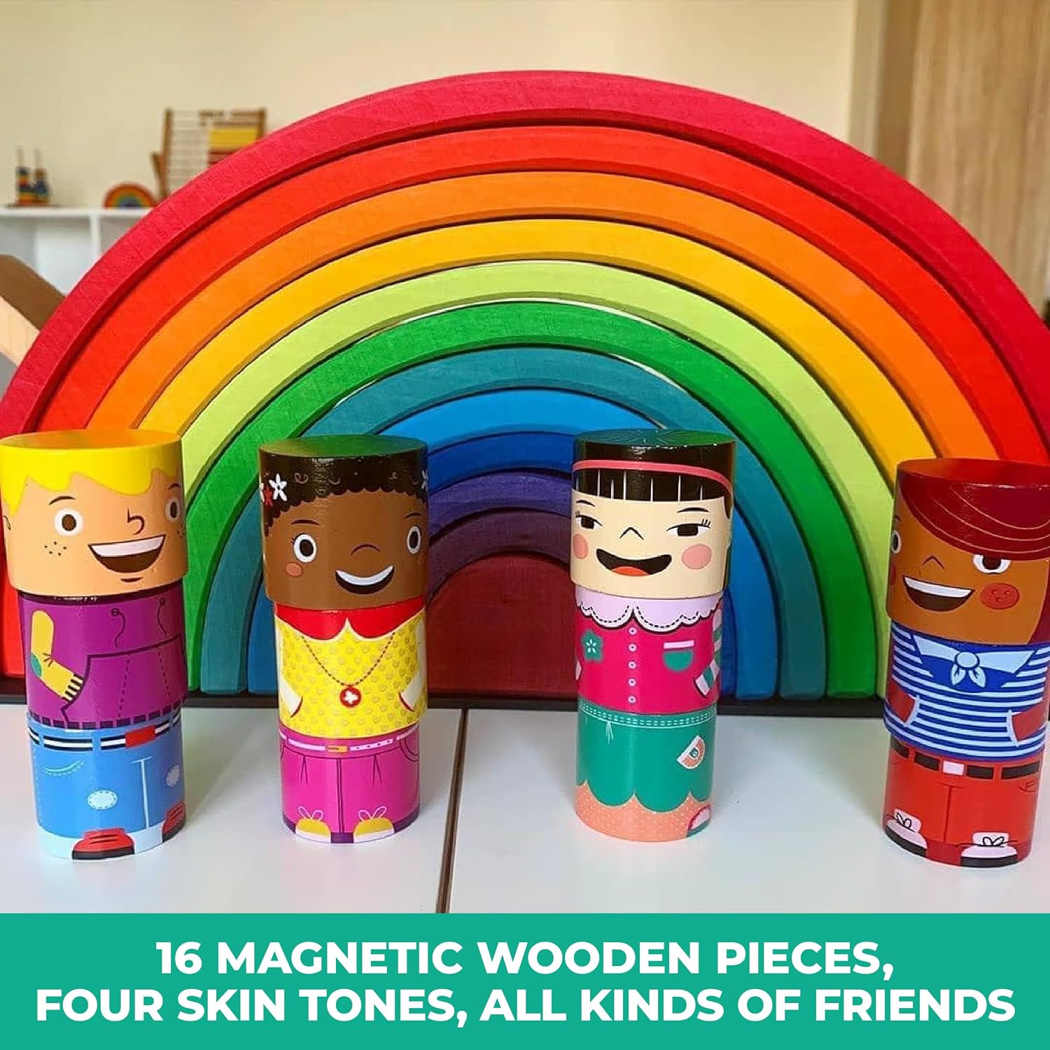 16-Piece Multiracial Magnetic Friends Play Set, Wooden Diversity Building Blocks for Kids, Multicultural Dolls for Creative Play & SEL Development Ages 1+