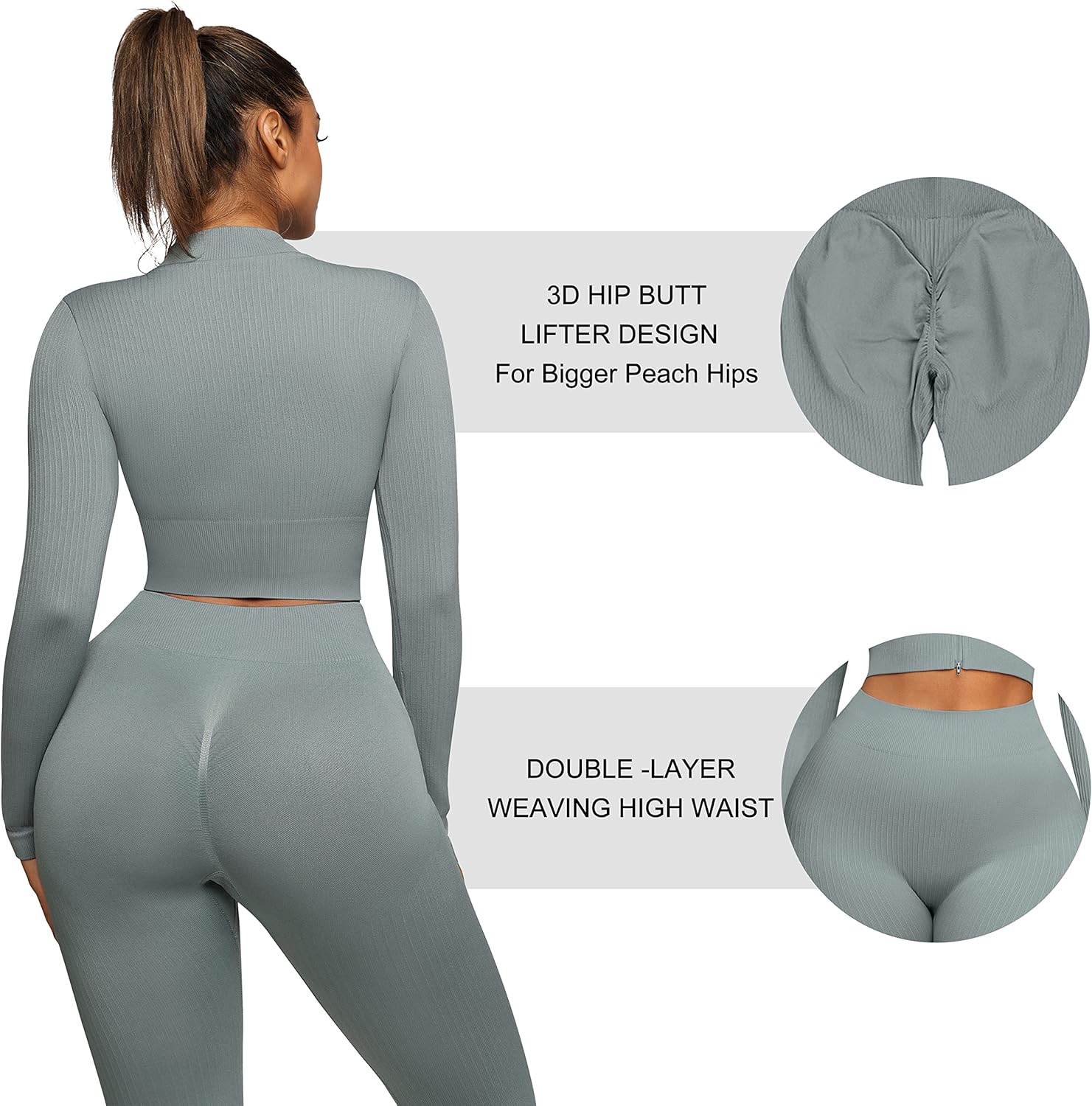 FeelinGirl Workout Sets for Women 2 Piece Gym Outfits High Waist Yoga Leggings and Long Sleeve Crop Top with Zipper