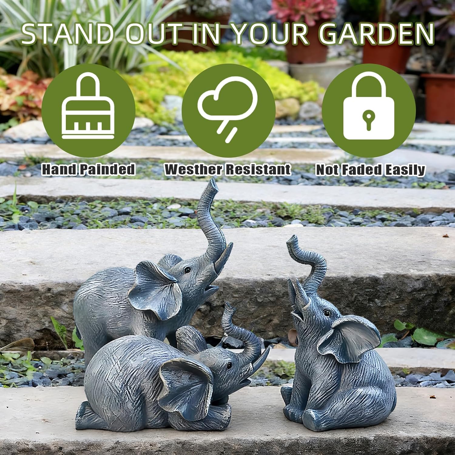 LEGIFO Garden Decor Elephant Statue Set of 3, Resin Outdoor Sculpture for Yard, Patio & Lawn - Unique White Elephant Figurines, Christmas Birthday Gift for Women, Mom, Grandma & Family